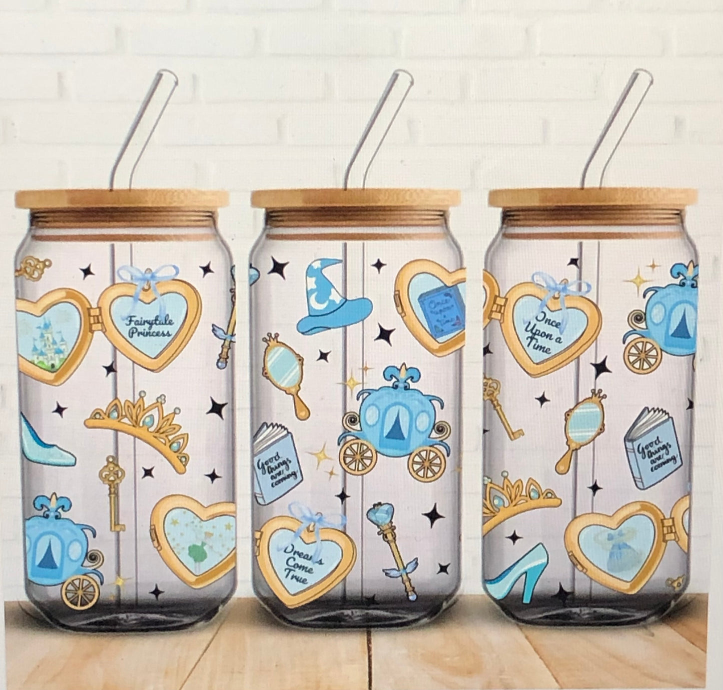 Fairytale Princess Glass Tumbler | Cinderella Inspired Can Glass with Bamboo Lid & Straw | Aesthetic Iced Coffee Cup | Gift for Book Lovers