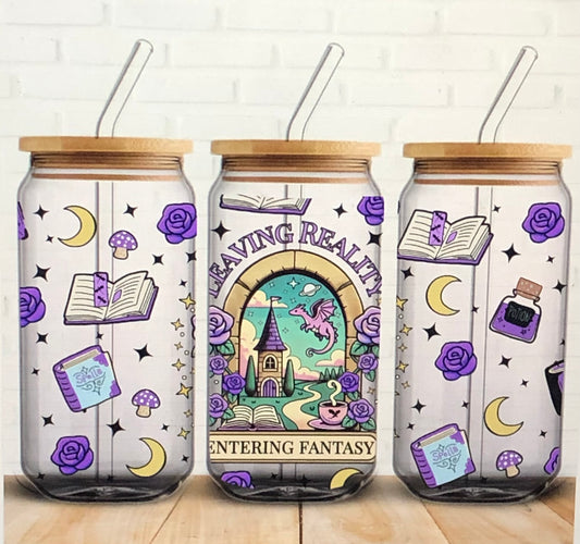 Leaving Reality Entering Fantasy Glass Can Tumbler | Bookish Gift | Aesthetic Glass Cup with Bamboo Lid & Straw | Fantasy Reader Drinkware