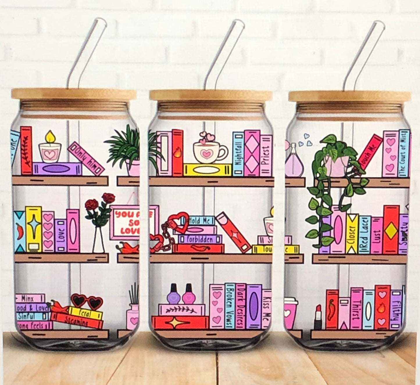 Bookish Glass Tumbler with Bamboo Lid & Straw | Colourful Bookshelf Design | Reusable Iced Coffee Cup for Readers, Book Lovers, Smut Tumbler