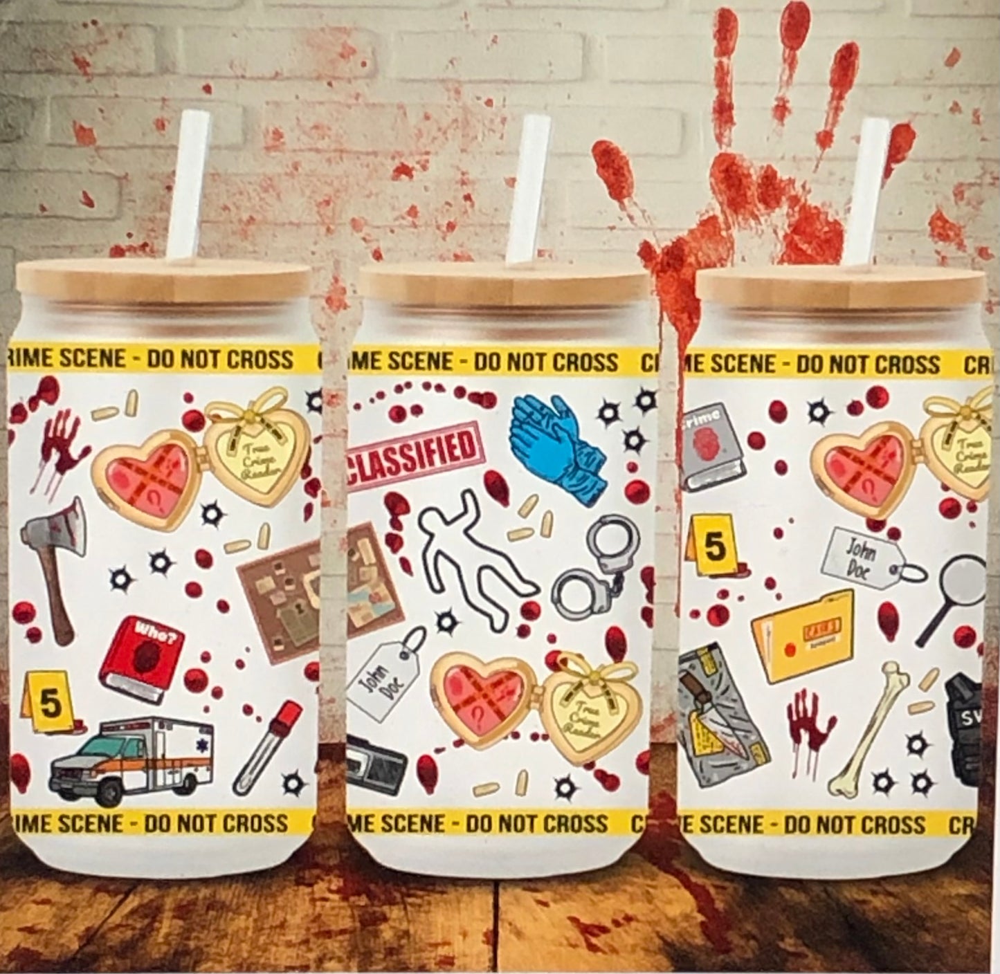 True Crime Glass Tumbler with Bamboo Lid & Straw – 16oz Clear or Frosted Iced Coffee Cup | Crime Scene Aesthetic | Murder Mystery Gift