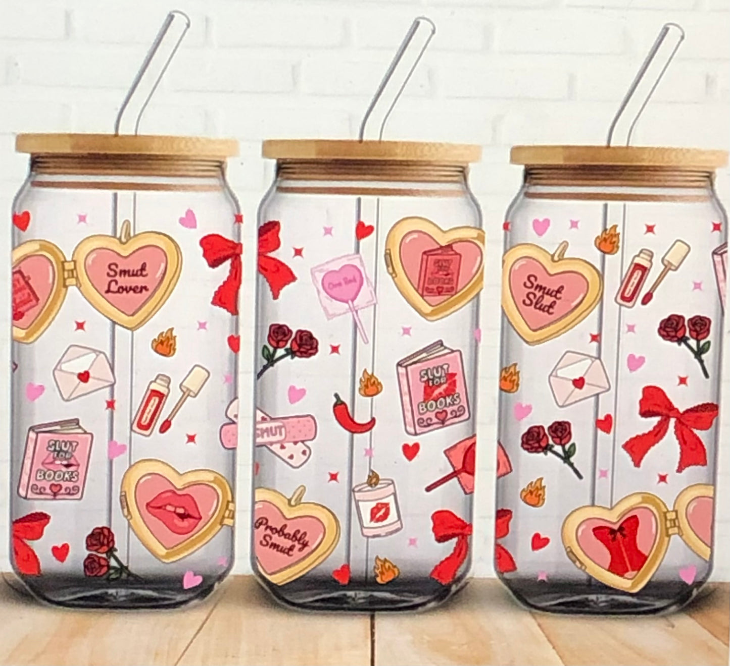 Smut Lover Tumbler | 16oz Glass Can Cup with Bamboo Lid & Straw | Spicy Romance Reader Gift | Bookish Smut Gift for Her