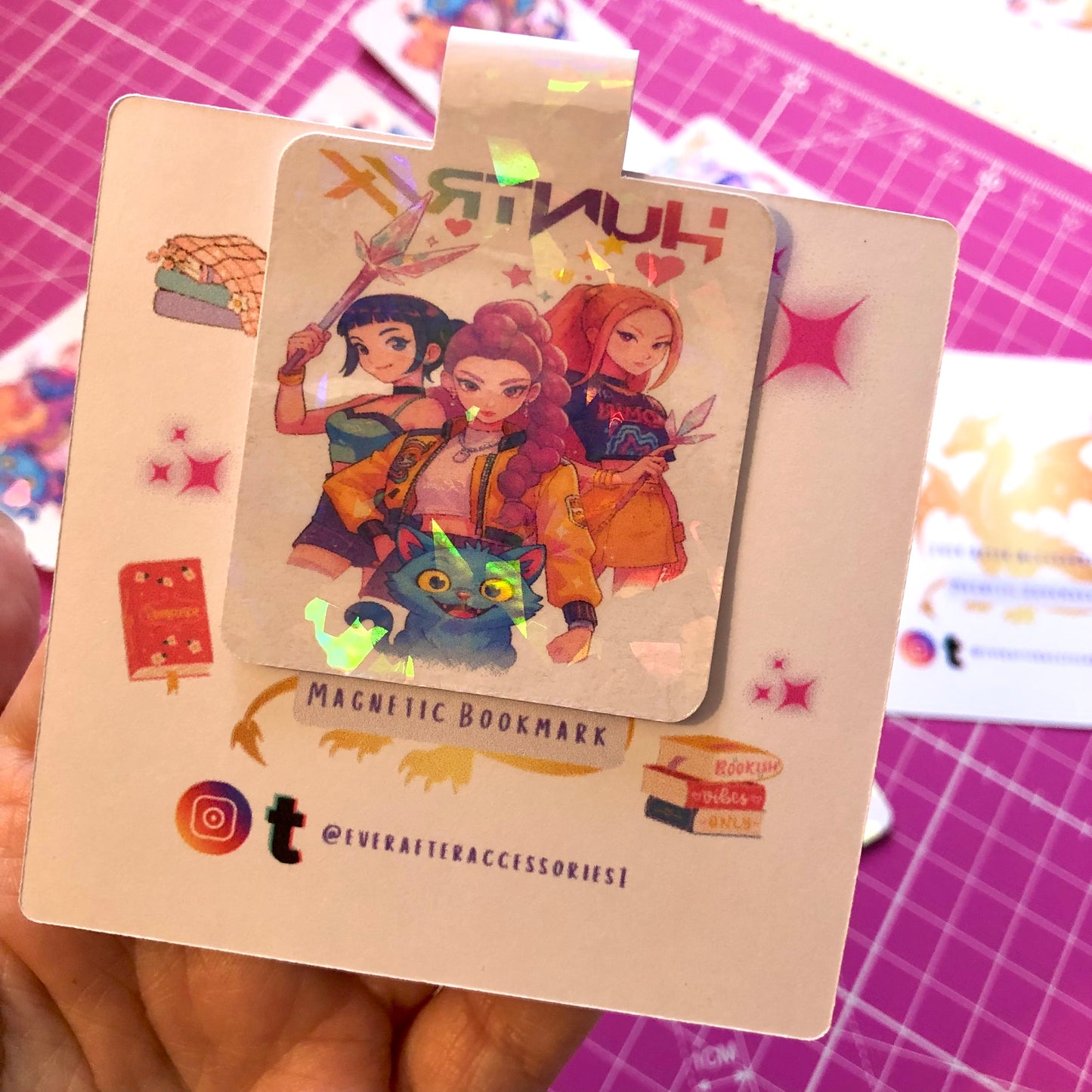 Handmade Holographic K-Pop Demon Hunters Magnetic Bookmark | Anime Bookmark | Kpop Gift for Readers & Book Lovers